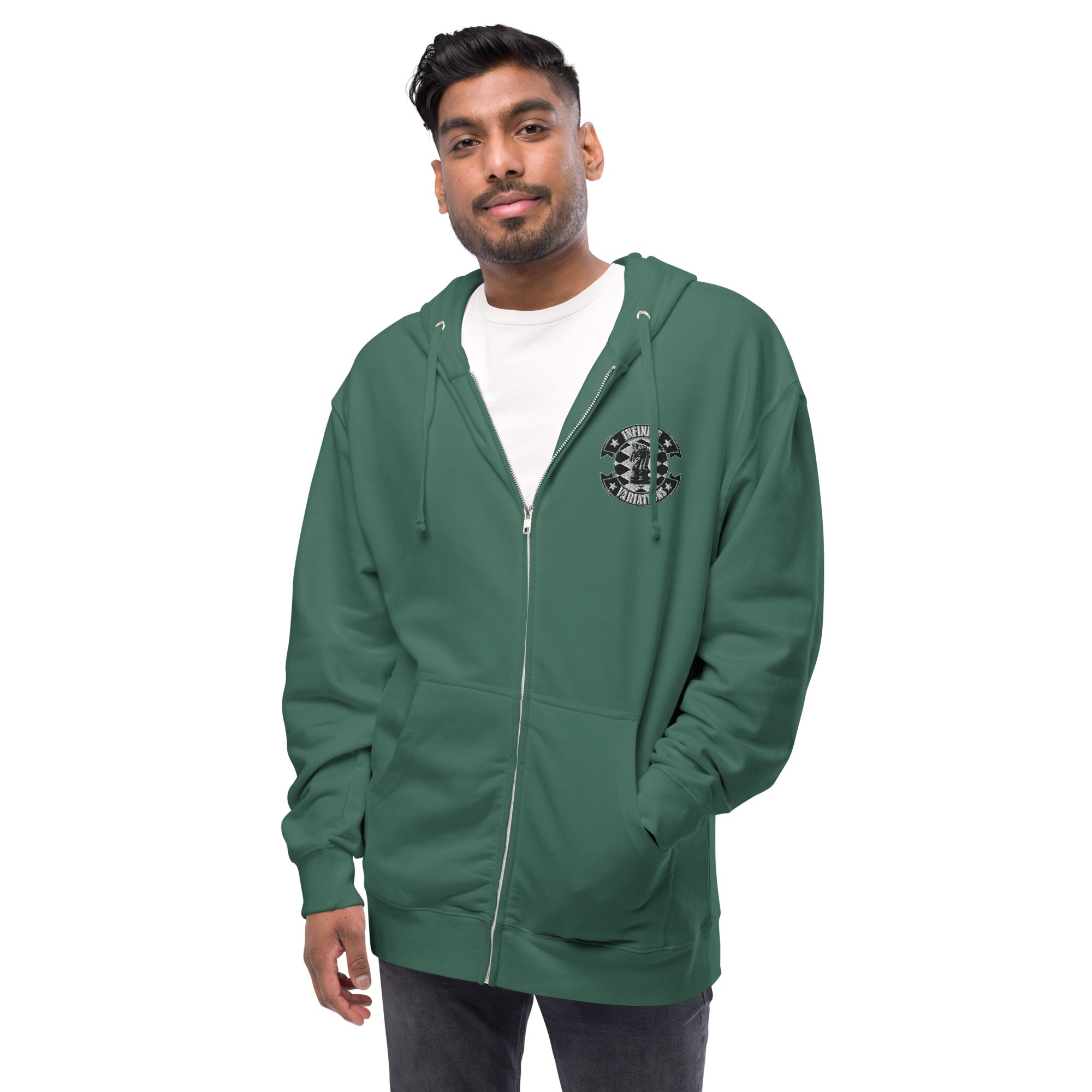 Infinite Variations - Embroidered Logo Front/Octopus Knight Design Back - Unisex fleece zip up hoodie