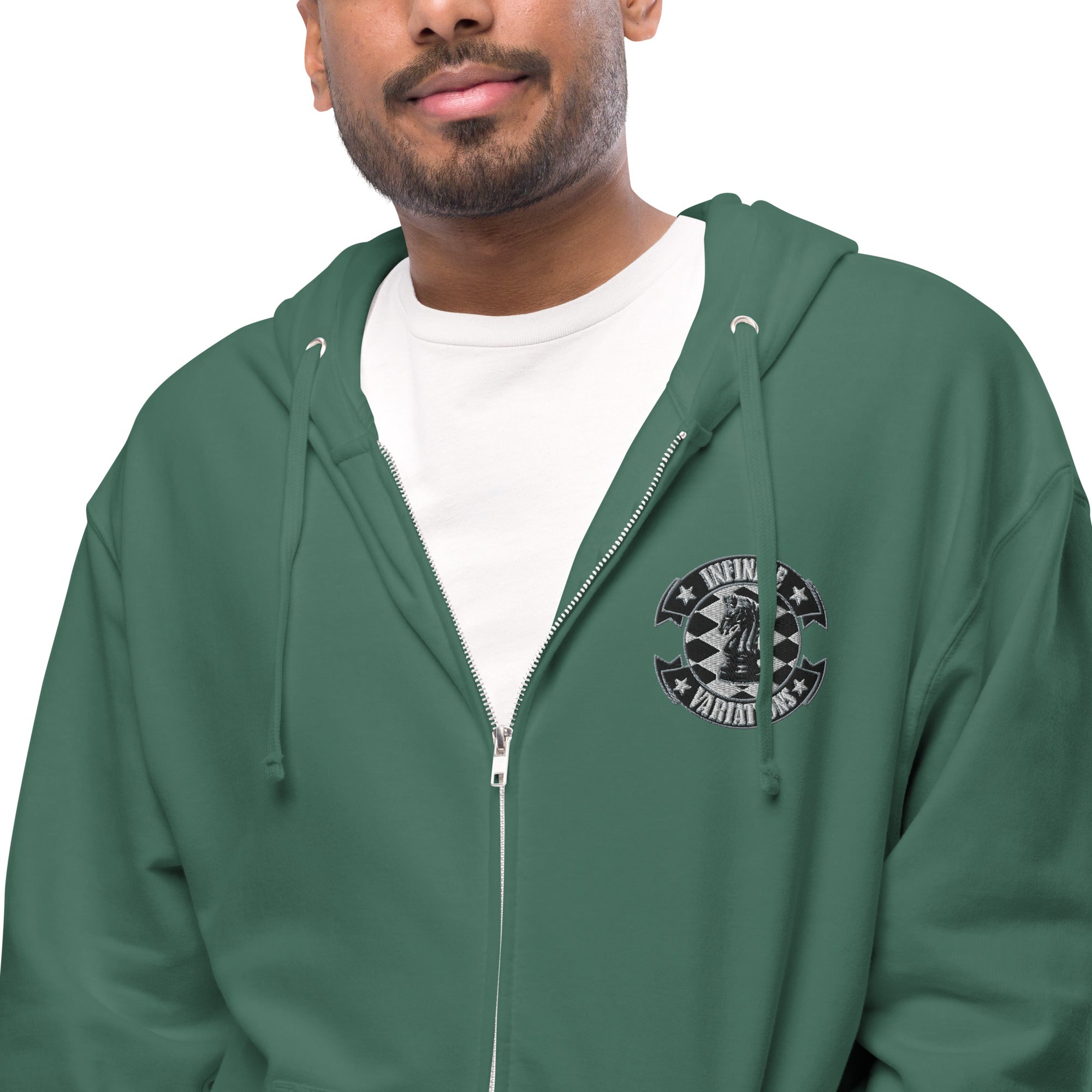 Infinite Variations - Embroidered Logo Front/Octopus Knight Design Back - Unisex fleece zip up hoodie