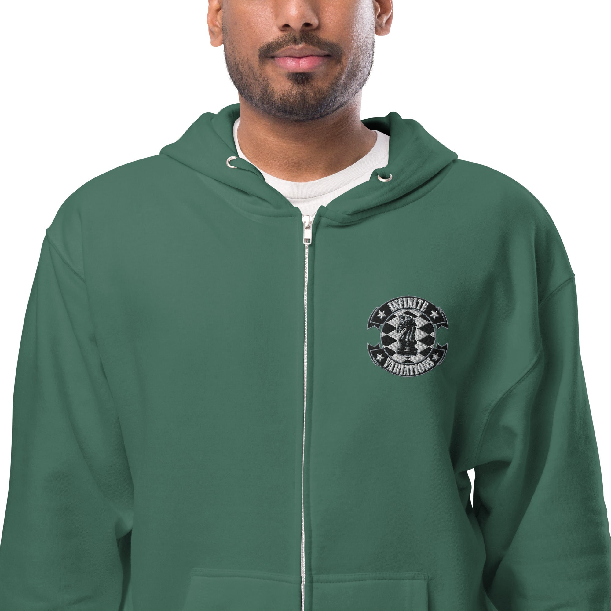 Infinite Variations - Embroidered Logo Front/Octopus Knight Design Back - Unisex fleece zip up hoodie