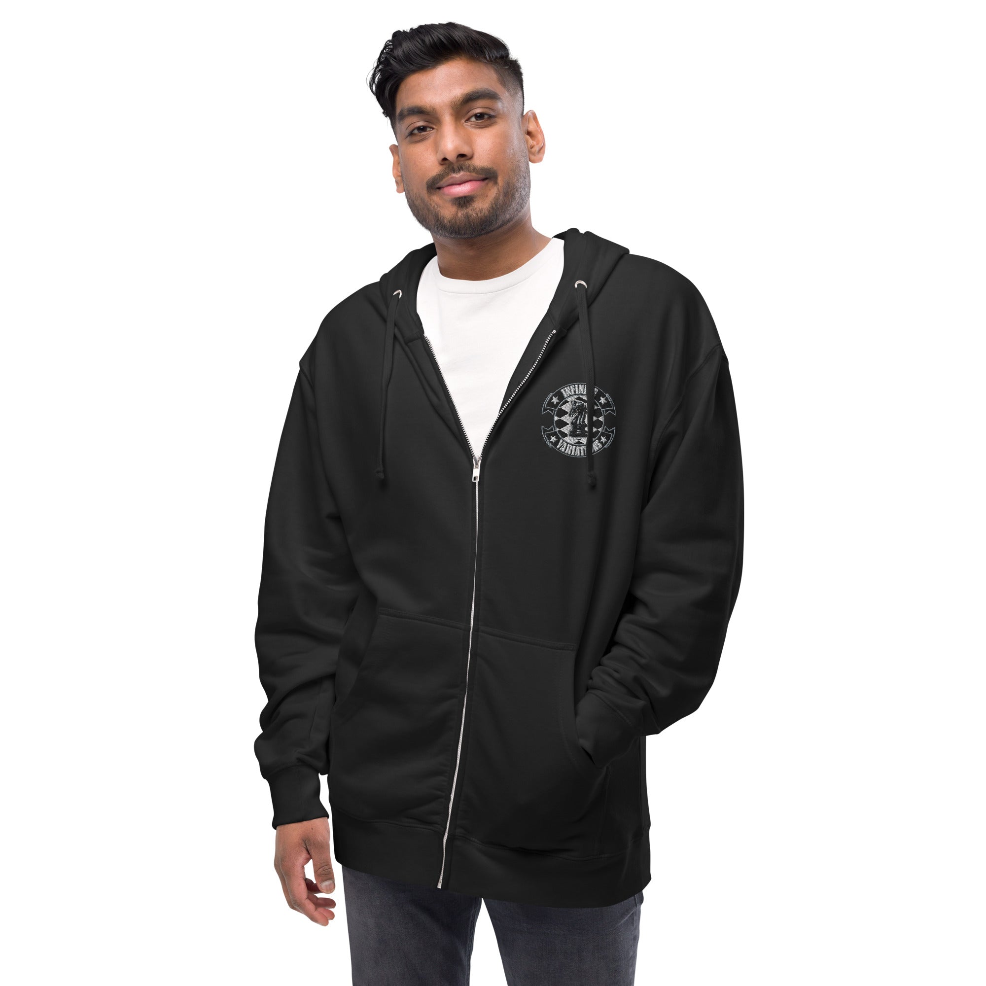 Infinite Variations - Embroidered Logo Front/Octopus Knight Design Back - Unisex fleece zip up hoodie