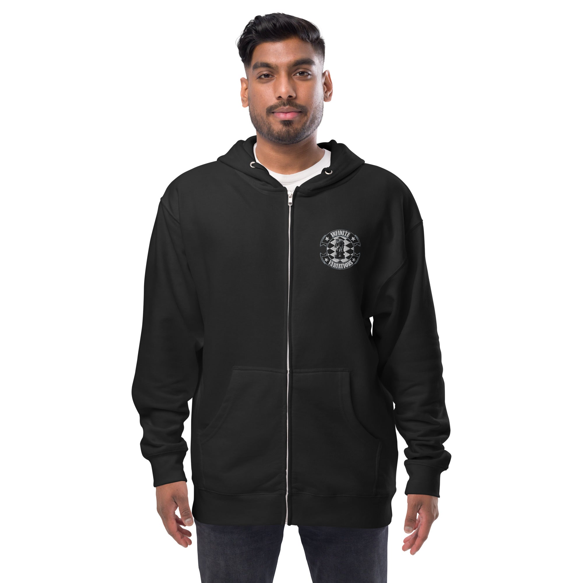 Infinite Variations - Embroidered Logo Front/Octopus Knight Design Back - Unisex fleece zip up hoodie