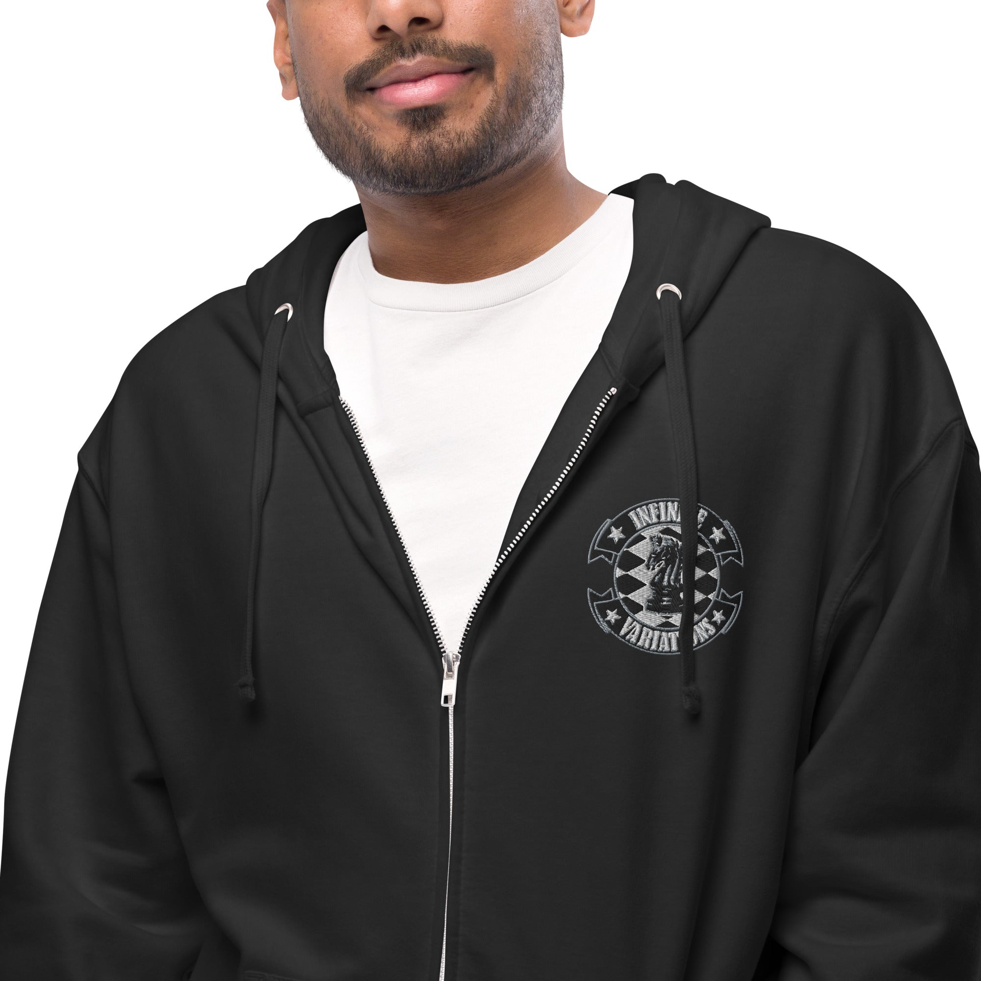 Infinite Variations - Embroidered Logo Front/Octopus Knight Design Back - Unisex fleece zip up hoodie