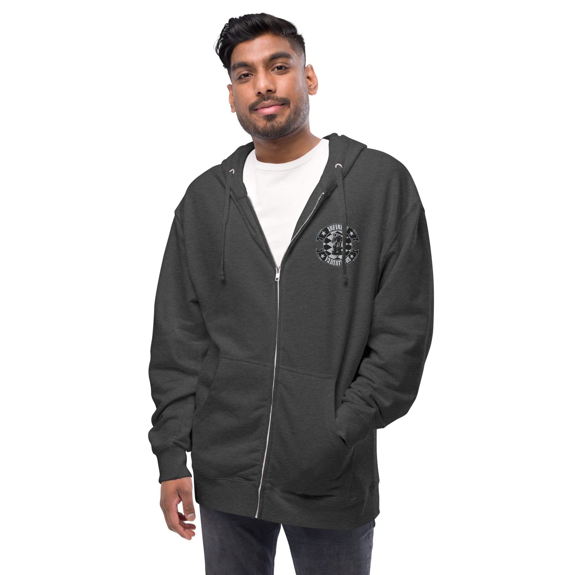 Infinite Variations - Embroidered Logo Front/Octopus Knight Design Back - Unisex fleece zip up hoodie