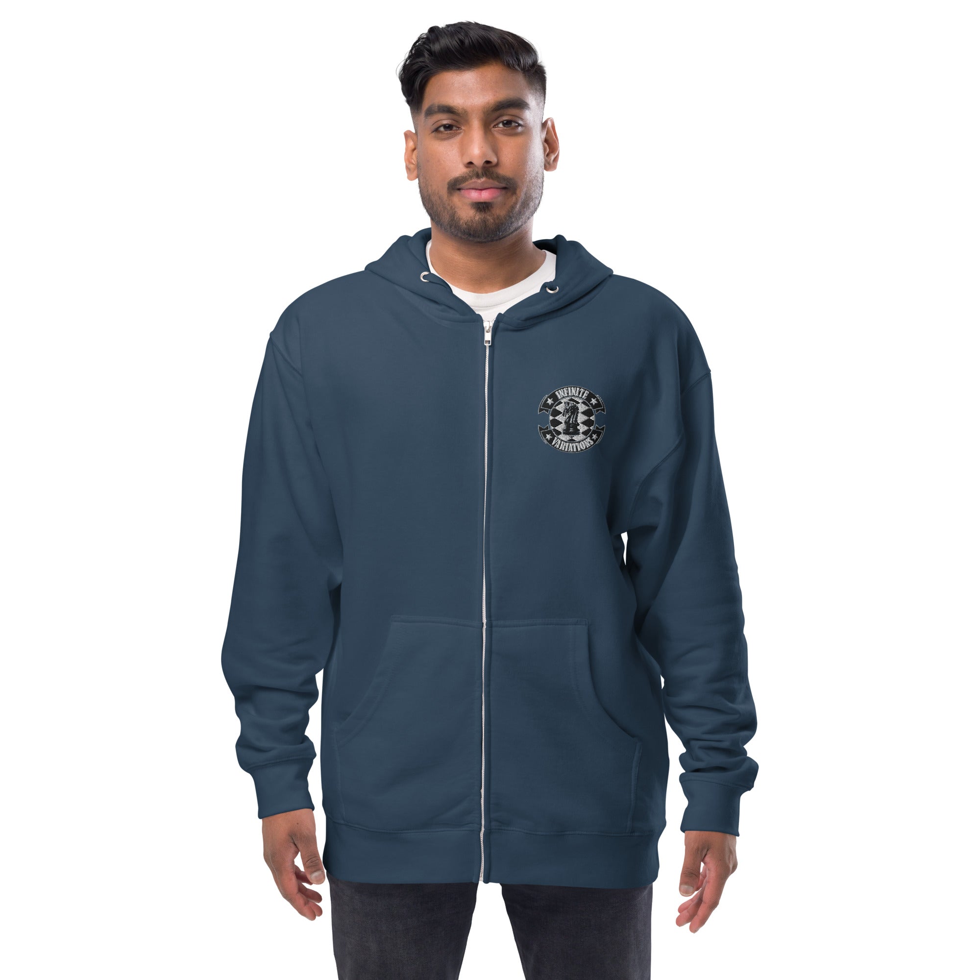 Infinite Variations - Embroidered Logo Front/Octopus Knight Design Back - Unisex fleece zip up hoodie